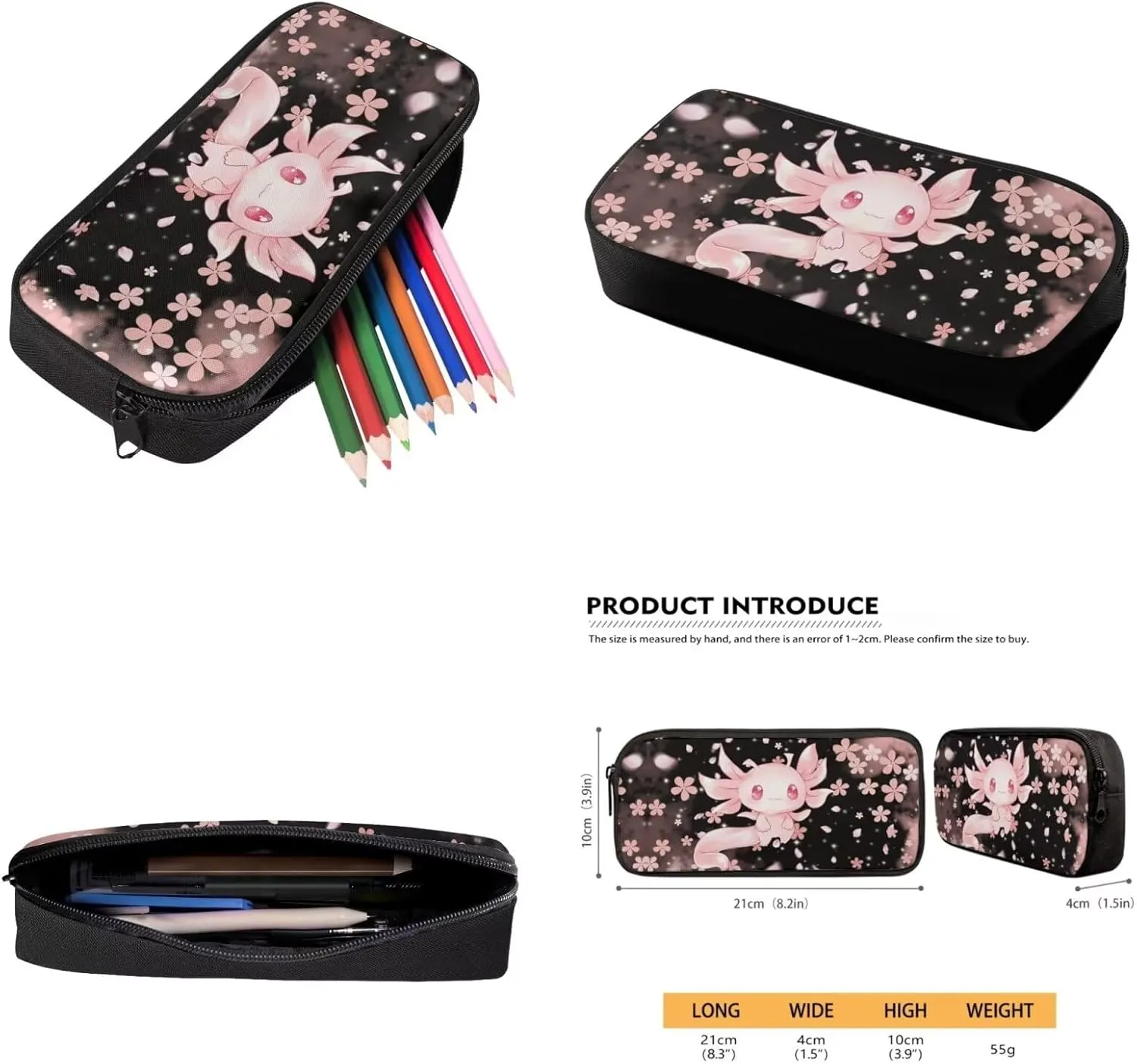 Axolotl Backpack for Girls Pink Cherry Blossom School Backpack Kids School Bag with Lunch Box Pencil Case Set 3 In 1 Preschool School Bookbag 16 Inch Backpacks for 3rd/4th/5th/6th Grade