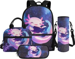 Axolotl Backpack for Kindergarten Girls Lightweight Kids School Backpack Heavy Duty Girls Bookbag with Lunch Box Back to School Supplies Daypack Bag