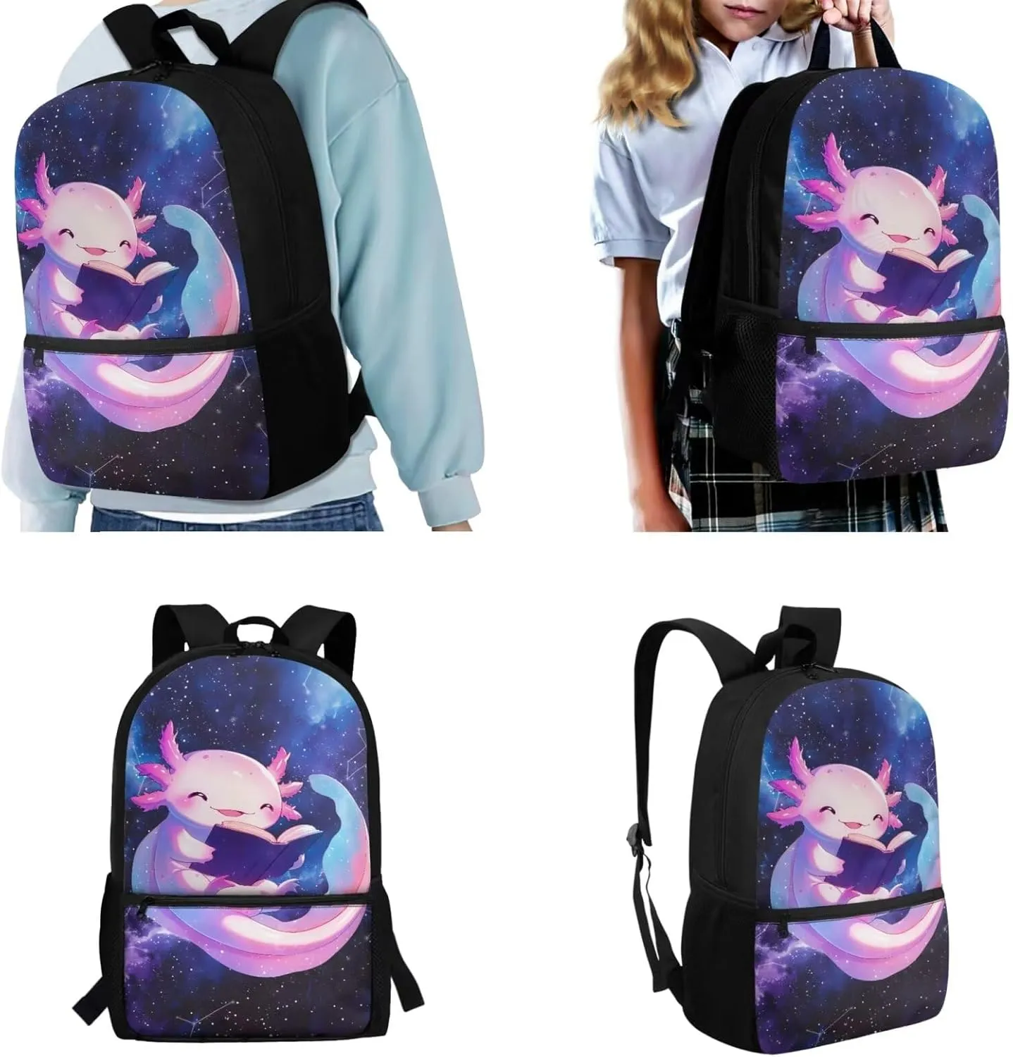Axolotl Backpack for Kindergarten Girls Lightweight Kids School Backpack Heavy Duty Girls Bookbag with Lunch Box Back to School Supplies Daypack Bag