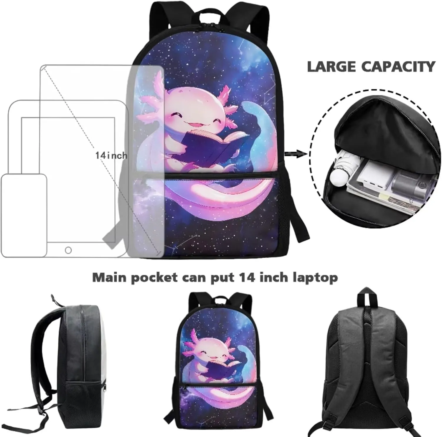 Axolotl Backpack for Kindergarten Girls Lightweight Kids School Backpack Heavy Duty Girls Bookbag with Lunch Box Back to School Supplies Daypack Bag