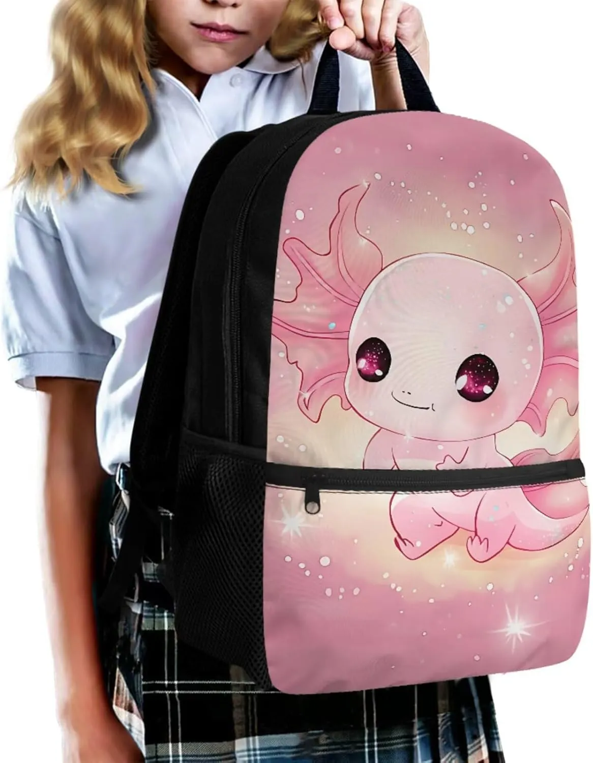 Axolotl Backpack School Bag for Kids Boys Girls 3PCS School Backpacks Bookbag with Insulated Lunch Bag with Pencil Case for Elementary School