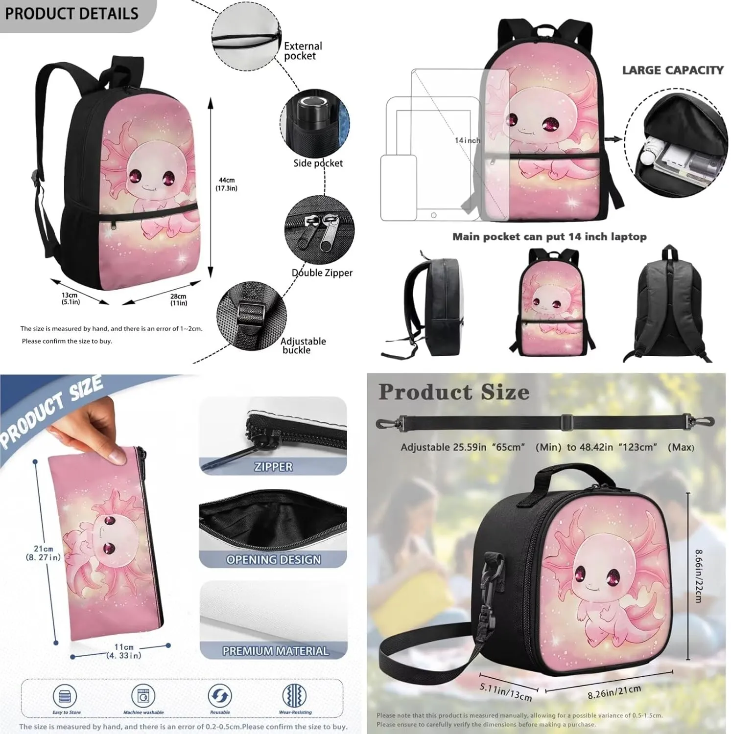 Axolotl Backpack School Bag for Kids Boys Girls 3PCS School Backpacks Bookbag with Insulated Lunch Bag with Pencil Case for Elementary School