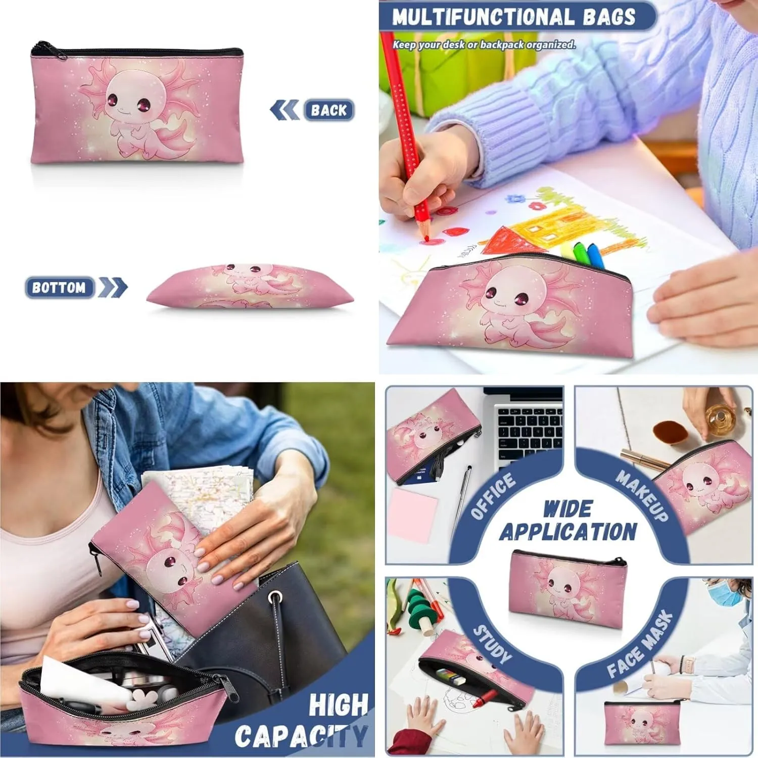 Axolotl Backpack School Bag for Kids Boys Girls 3PCS School Backpacks Bookbag with Insulated Lunch Bag with Pencil Case for Elementary School