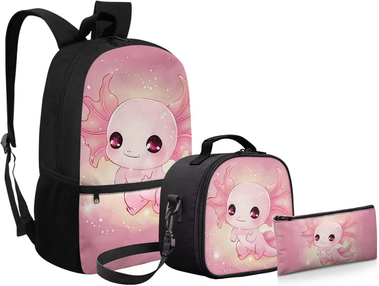 Axolotl Backpack School Bag for Kids Boys Girls 3PCS School Backpacks Bookbag with Insulated Lunch Bag with Pencil Case for Elementary School