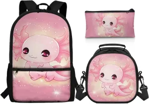 Axolotl Backpack School Bag for Kids Boys Girls 3PCS School Backpacks Bookbag with Insulated Lunch Bag with Pencil Case for Elementary School