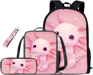 Axolotl Backpack Set for Girls Boys Kids with Insulated Lunch Box Cute Pencil Case Personalized Keychain Daypack Shoulder Bags Portable Contain 1 Main Compartment,2 Side Pockets