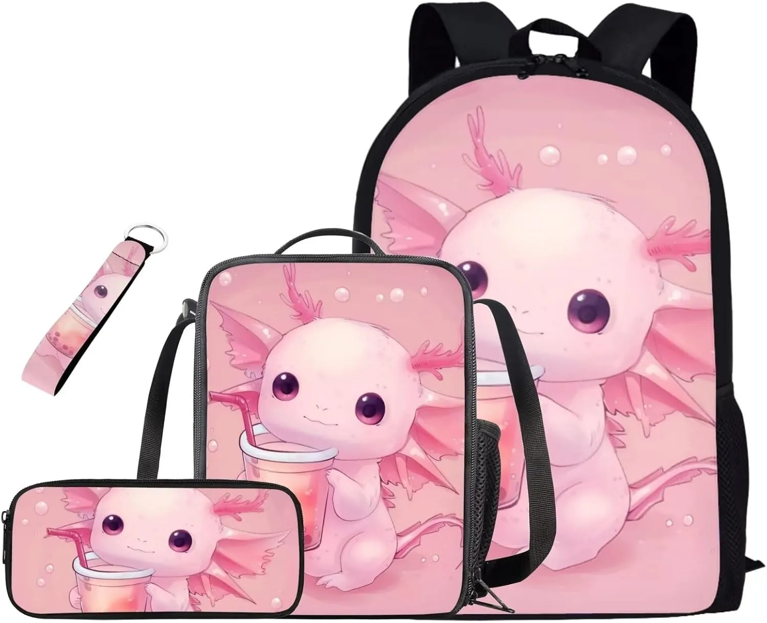 Axolotl Backpack Set for Girls Boys Kids with Insulated Lunch Box Cute Pencil Case Personalized Keychain Daypack Shoulder Bags Portable Contain 1 Main Compartment,2 Side Pockets