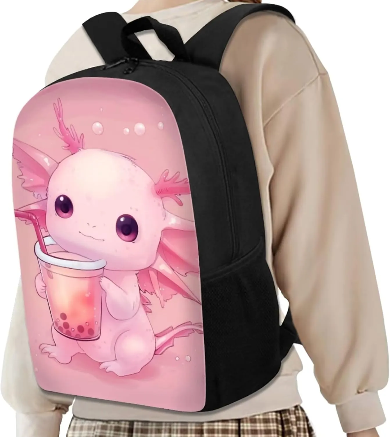 Axolotl Backpack Set for Girls Boys Kids with Insulated Lunch Box Cute Pencil Case Personalized Keychain Daypack Shoulder Bags Portable Contain 1 Main Compartment,2 Side Pockets
