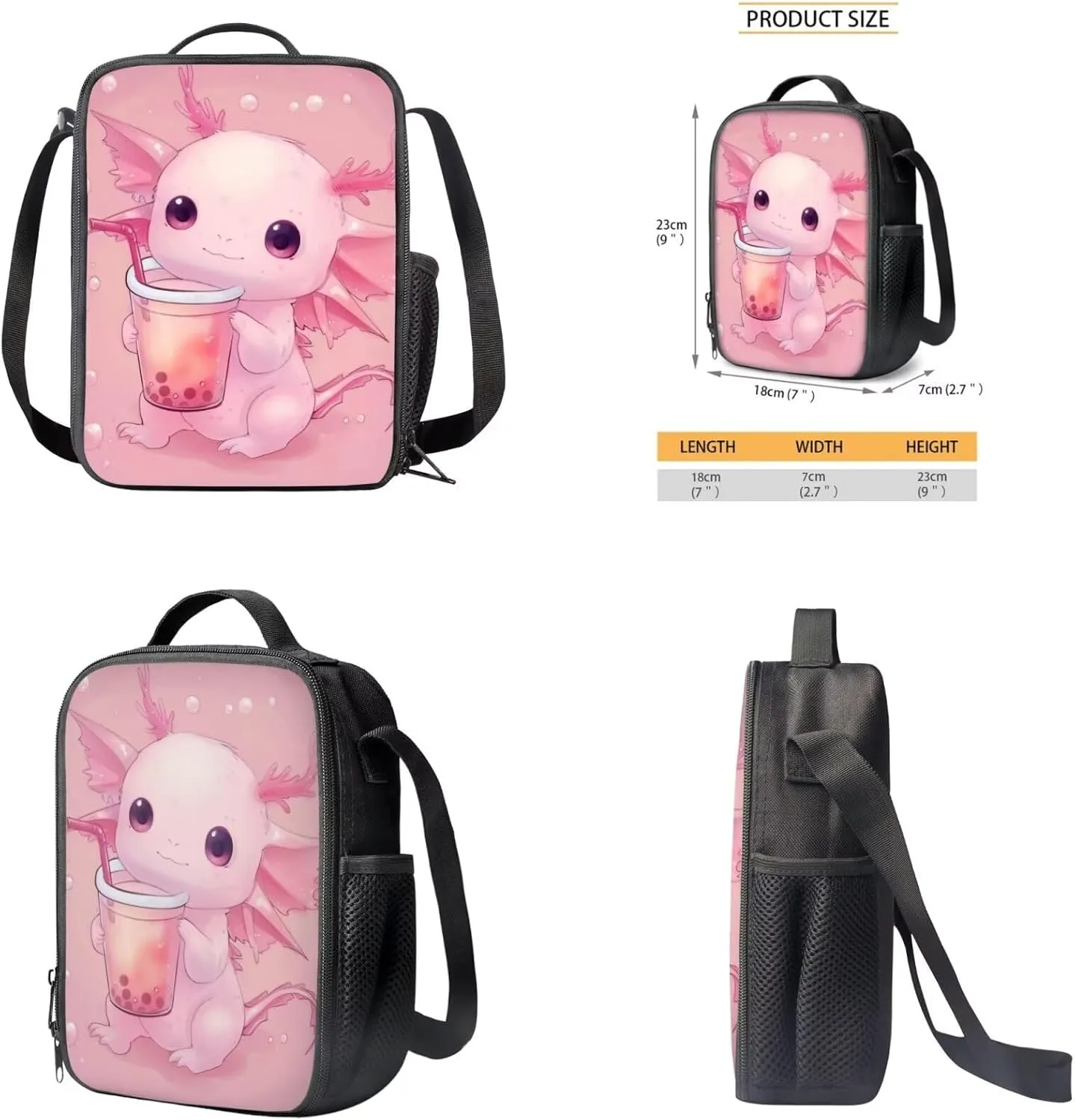 Axolotl Backpack Set for Girls Boys Kids with Insulated Lunch Box Cute Pencil Case Personalized Keychain Daypack Shoulder Bags Portable Contain 1 Main Compartment,2 Side Pockets