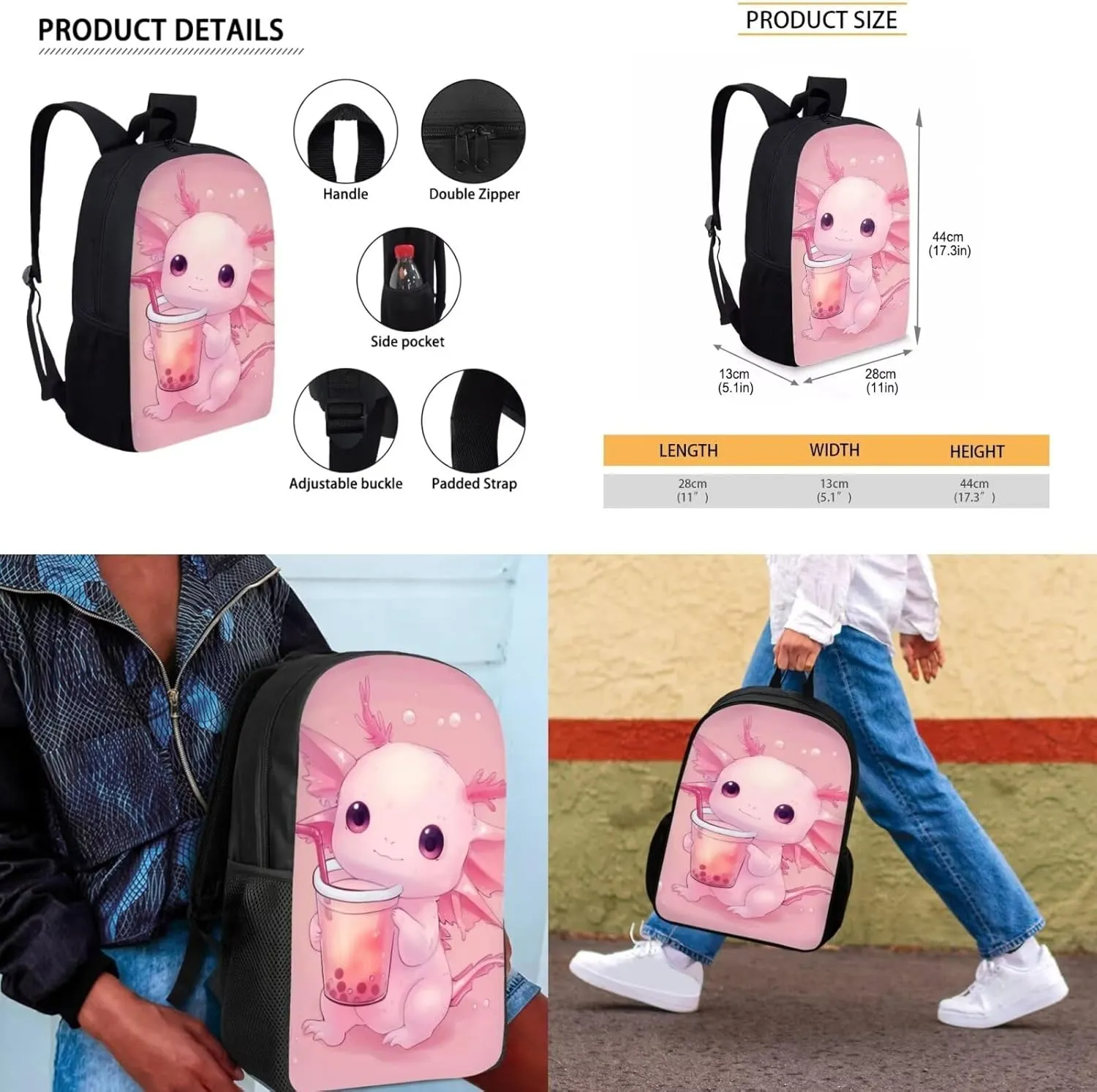 Axolotl Backpack Set for Girls Boys Kids with Insulated Lunch Box Cute Pencil Case Personalized Keychain Daypack Shoulder Bags Portable Contain 1 Main Compartment,2 Side Pockets