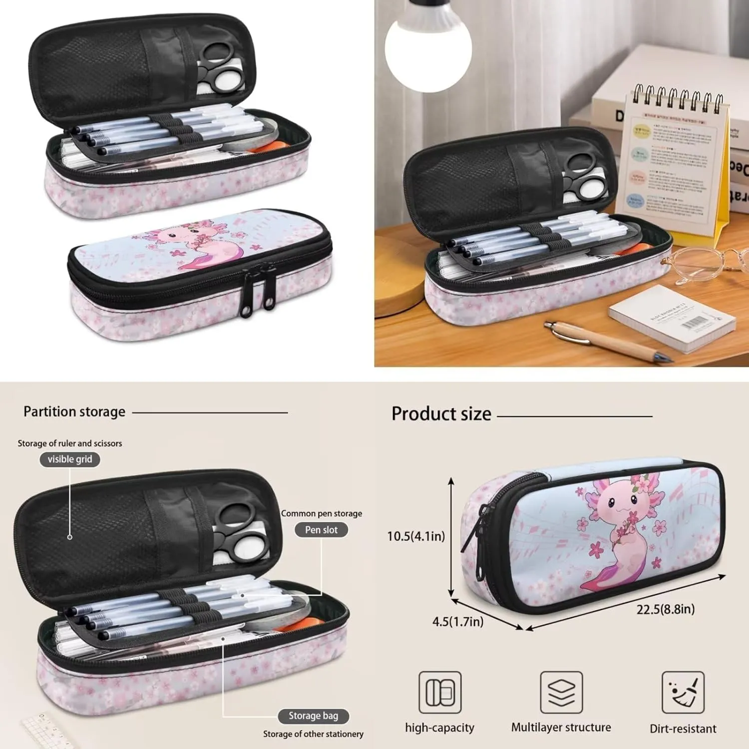 Axolotl Backpacks for School Girls 3 Piece School Bag Set with Lunch Bag & Pencil Case Cute School Book Bags for Toddlers Large Capacity Laptop Backpack Daypacks