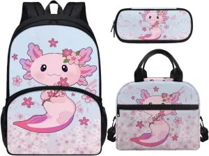 Axolotl Backpacks for School Girls 3 Piece School Bag Set with Lunch Bag & Pencil Case Cute School Book Bags for Toddlers Large Capacity Laptop Backpack Daypacks