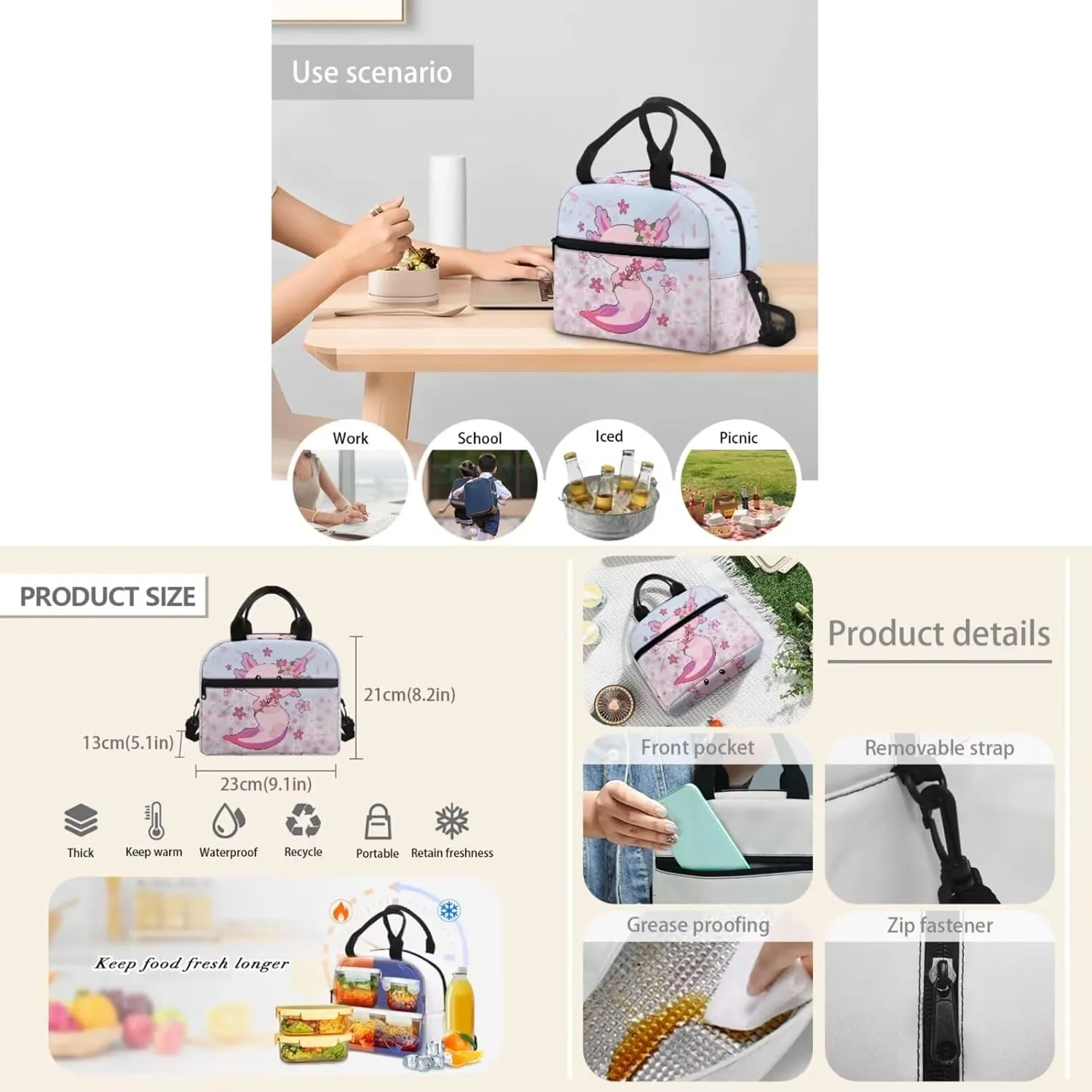 Axolotl Backpacks for School Girls 3 Piece School Bag Set with Lunch Bag & Pencil Case Cute School Book Bags for Toddlers Large Capacity Laptop Backpack Daypacks