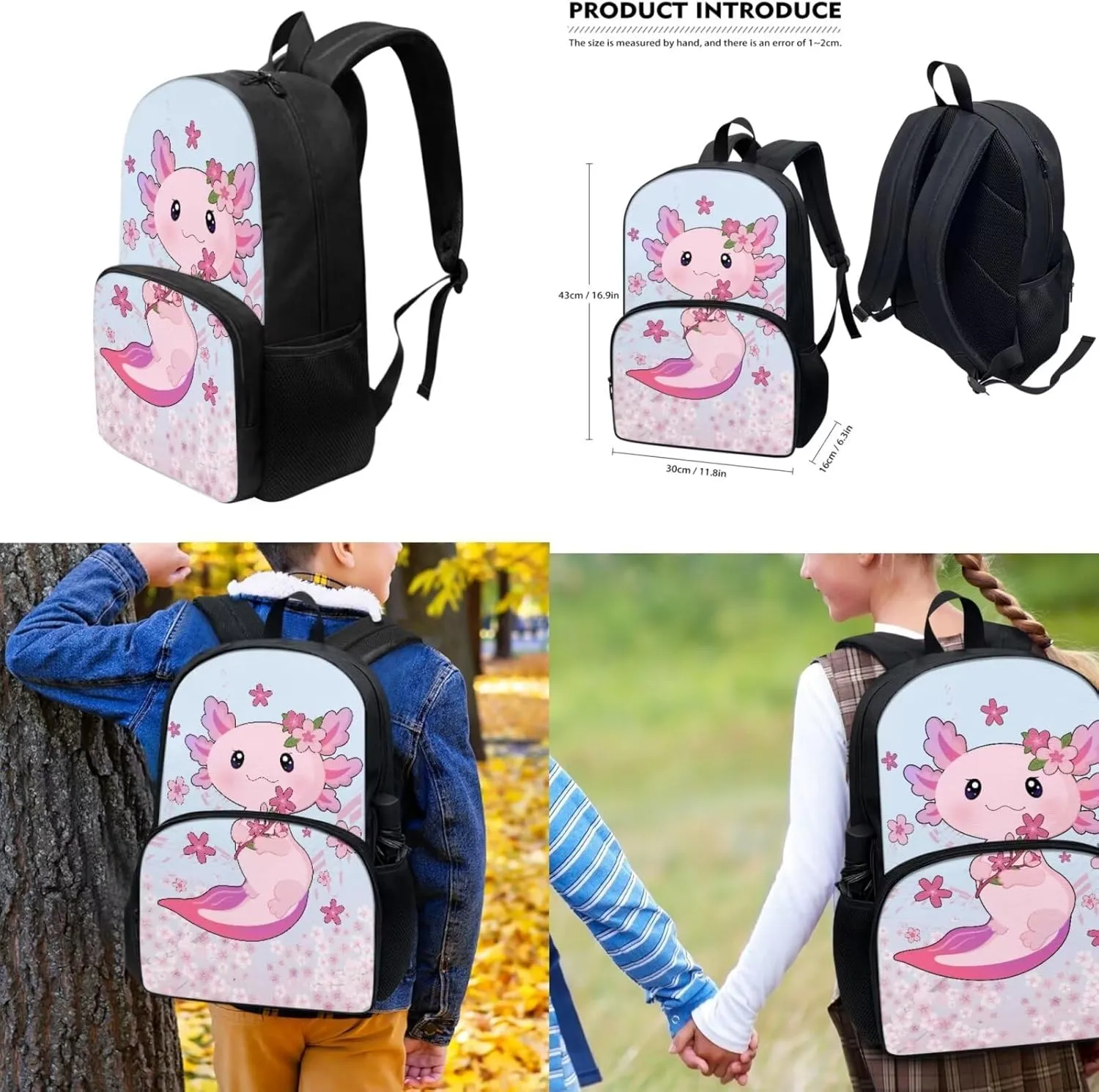 Axolotl Backpacks for School Girls 3 Piece School Bag Set with Lunch Bag & Pencil Case Cute School Book Bags for Toddlers Large Capacity Laptop Backpack Daypacks