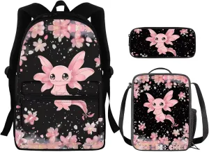 Axolotl Backpacks for Teen Girls with Lunch Box Cute Bookbags Aesthetic with Cherry Blossom Print Large Capacity Bookpack 3 in 1 Set for Teens Elementary Middle High School Students
