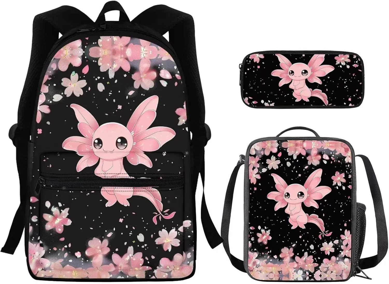 Axolotl Backpacks for Teen Girls with Lunch Box Cute Bookbags Aesthetic with Cherry Blossom Print Large Capacity Bookpack 3 in 1 Set for Teens Elementary Middle High School Students