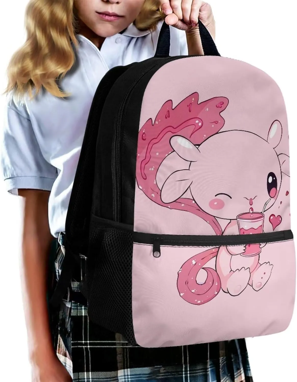 Axolotl Boookbag for Girls 6-8/8-10 Girls Backpack for School Pink Book Bag 2nd Grad/3rd Grade Elementary Book Bag with Side Pocket