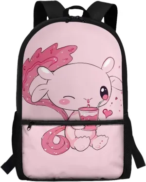 Axolotl Boookbag for Girls 6-8/8-10 Girls Backpack for School Pink Book Bag 2nd Grad/3rd Grade Elementary Book Bag with Side Pocket