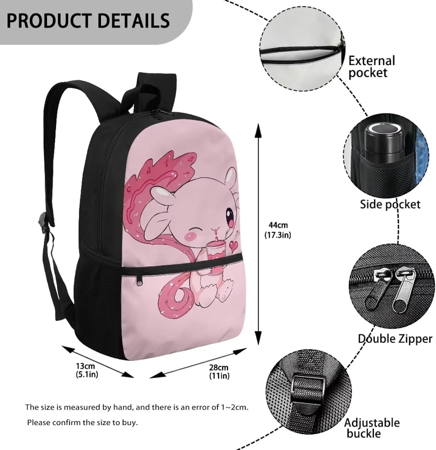 Axolotl Boookbag for Girls 6-8/8-10 Girls Backpack for School Pink Book Bag 2nd Grad/3rd Grade Elementary Book Bag with Side Pocket