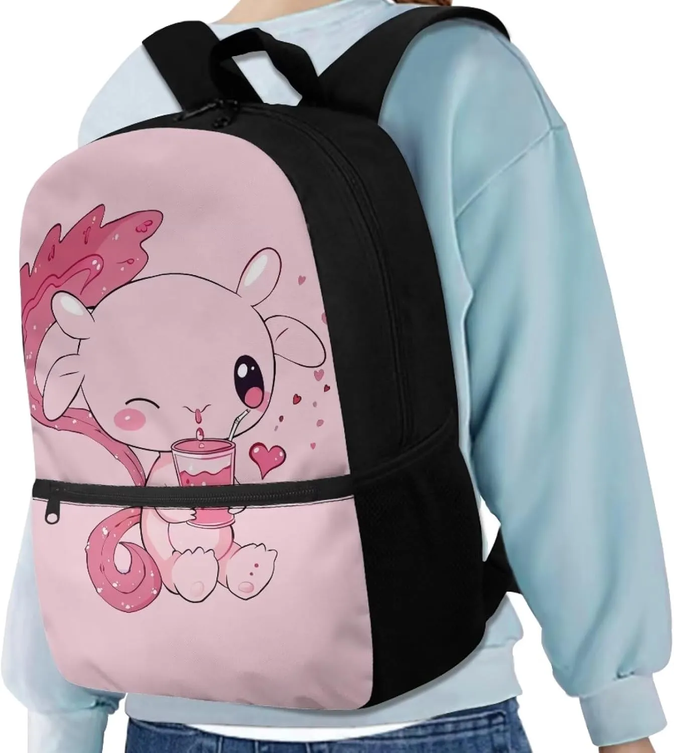 Axolotl Boookbag for Girls 6-8/8-10 Girls Backpack for School Pink Book Bag 2nd Grad/3rd Grade Elementary Book Bag with Side Pocket