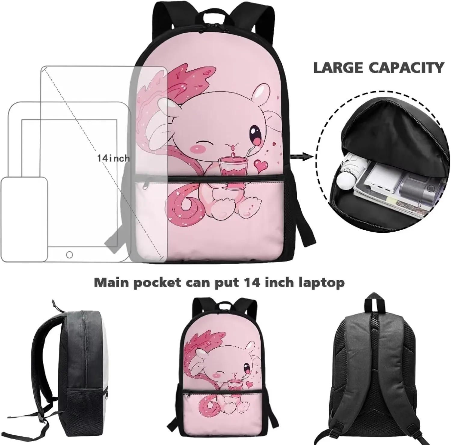 Axolotl Boookbag for Girls 6-8/8-10 Girls Backpack for School Pink Book Bag 2nd Grad/3rd Grade Elementary Book Bag with Side Pocket