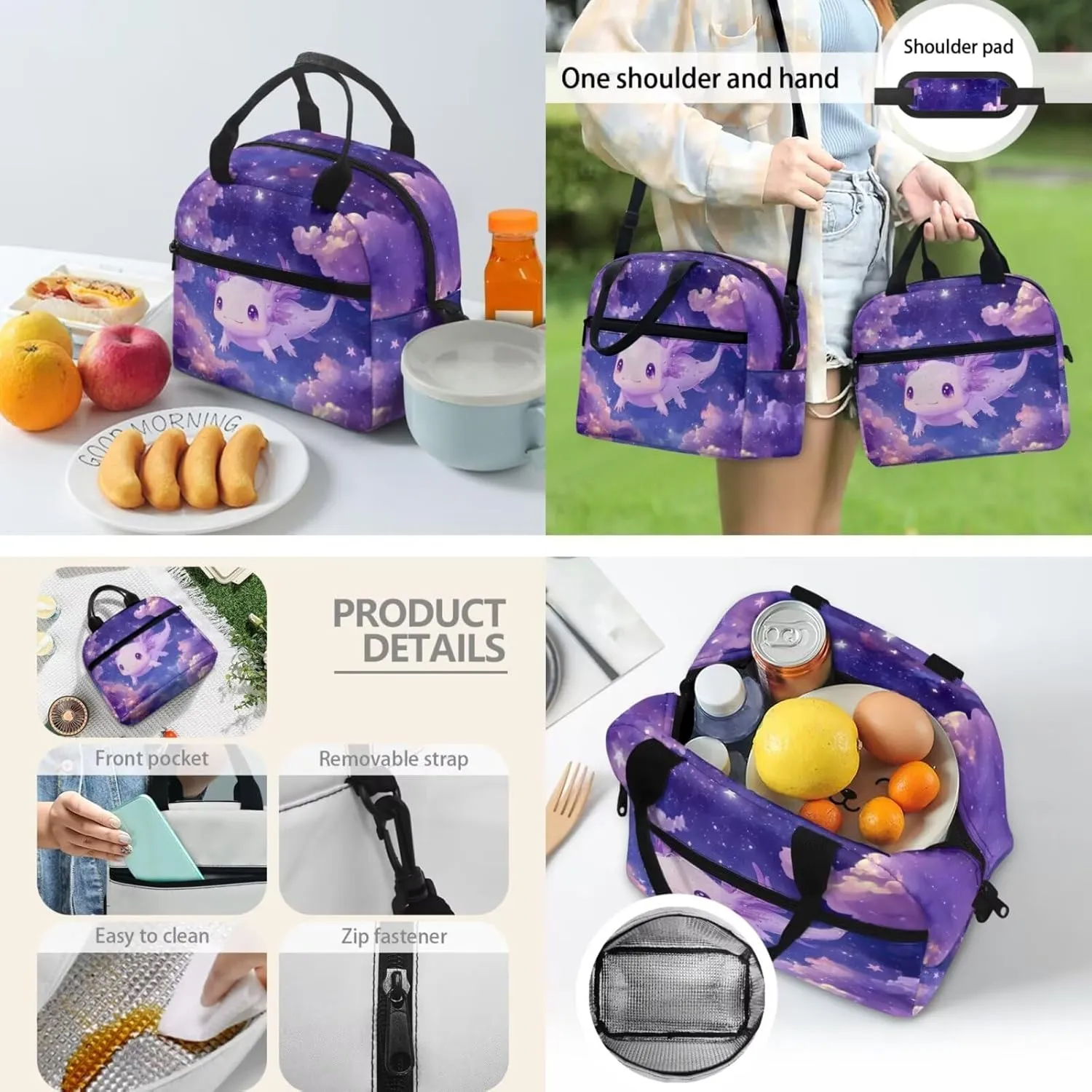 Axolotl Galaxy Backpack 17 Inch Girls Bookbag with Lunch Box 4th Grade School Bag Spacious 3 Piece Set for Elementary Kids Ages 9-10 School Travel