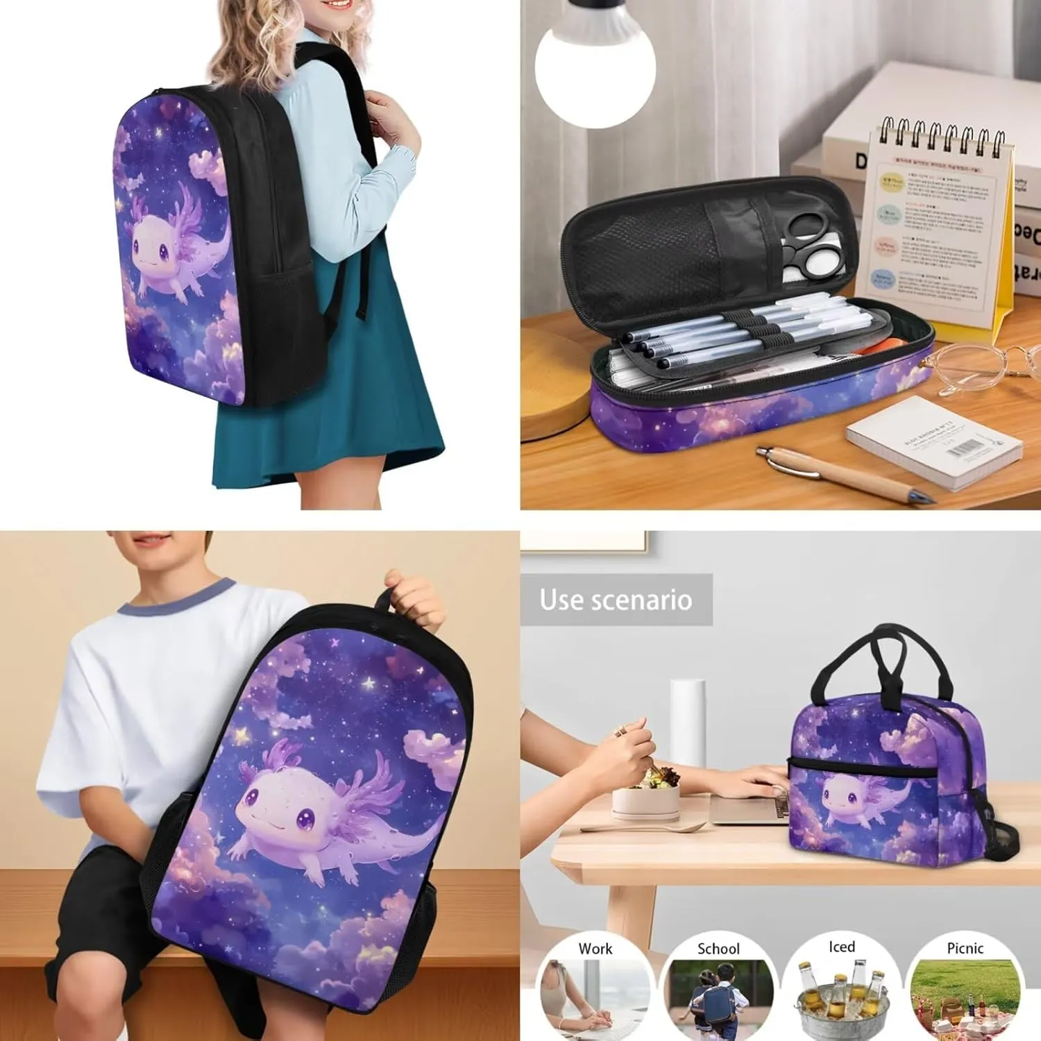 Axolotl Galaxy Backpack 17 Inch Girls Bookbag with Lunch Box 4th Grade School Bag Spacious 3 Piece Set for Elementary Kids Ages 9-10 School Travel