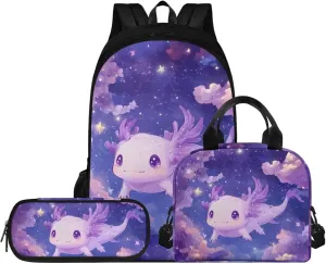 Axolotl Galaxy Backpack 17 Inch Girls Bookbag with Lunch Box 4th Grade School Bag Spacious 3 Piece Set for Elementary Kids Ages 9-10 School Travel