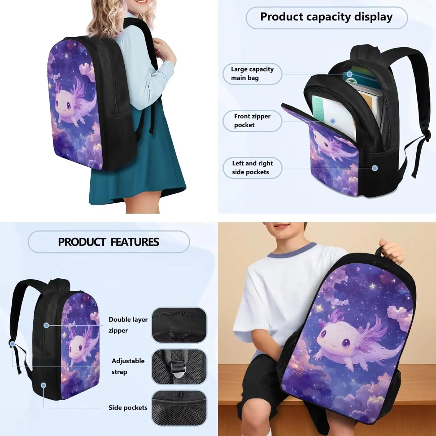 Axolotl Galaxy Backpack 17 Inch Girls Bookbag with Lunch Box 4th Grade School Bag Spacious 3 Piece Set for Elementary Kids Ages 9-10 School Travel
