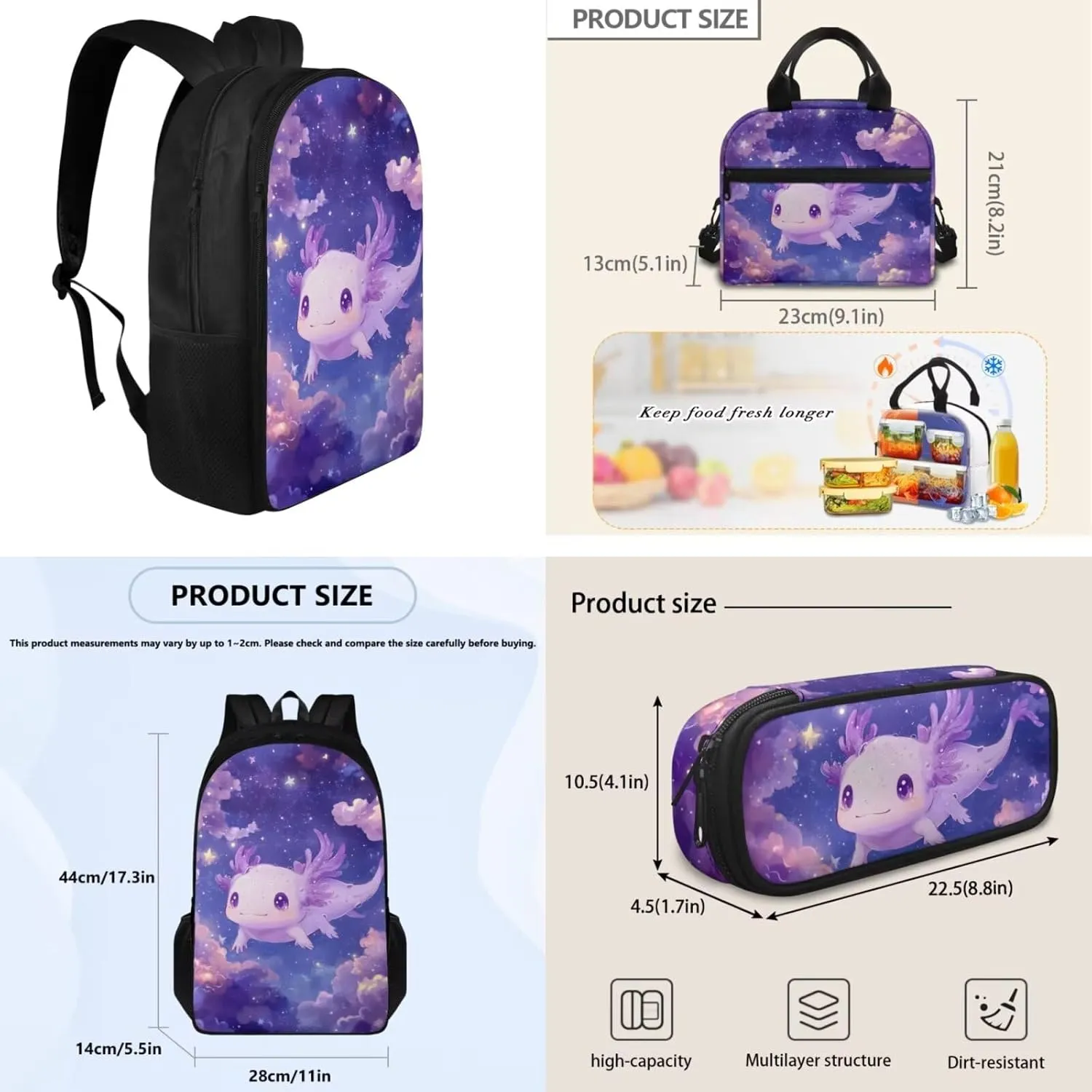 Axolotl Galaxy Backpack 17 Inch Girls Bookbag with Lunch Box 4th Grade School Bag Spacious 3 Piece Set for Elementary Kids Ages 9-10 School Travel