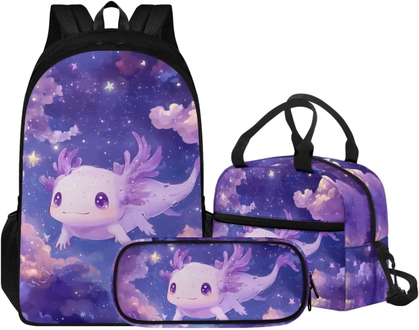 Axolotl Galaxy Backpack 17 Inch Girls Bookbag with Lunch Box 4th Grade School Bag Spacious 3 Piece Set for Elementary Kids Ages 9-10 School Travel