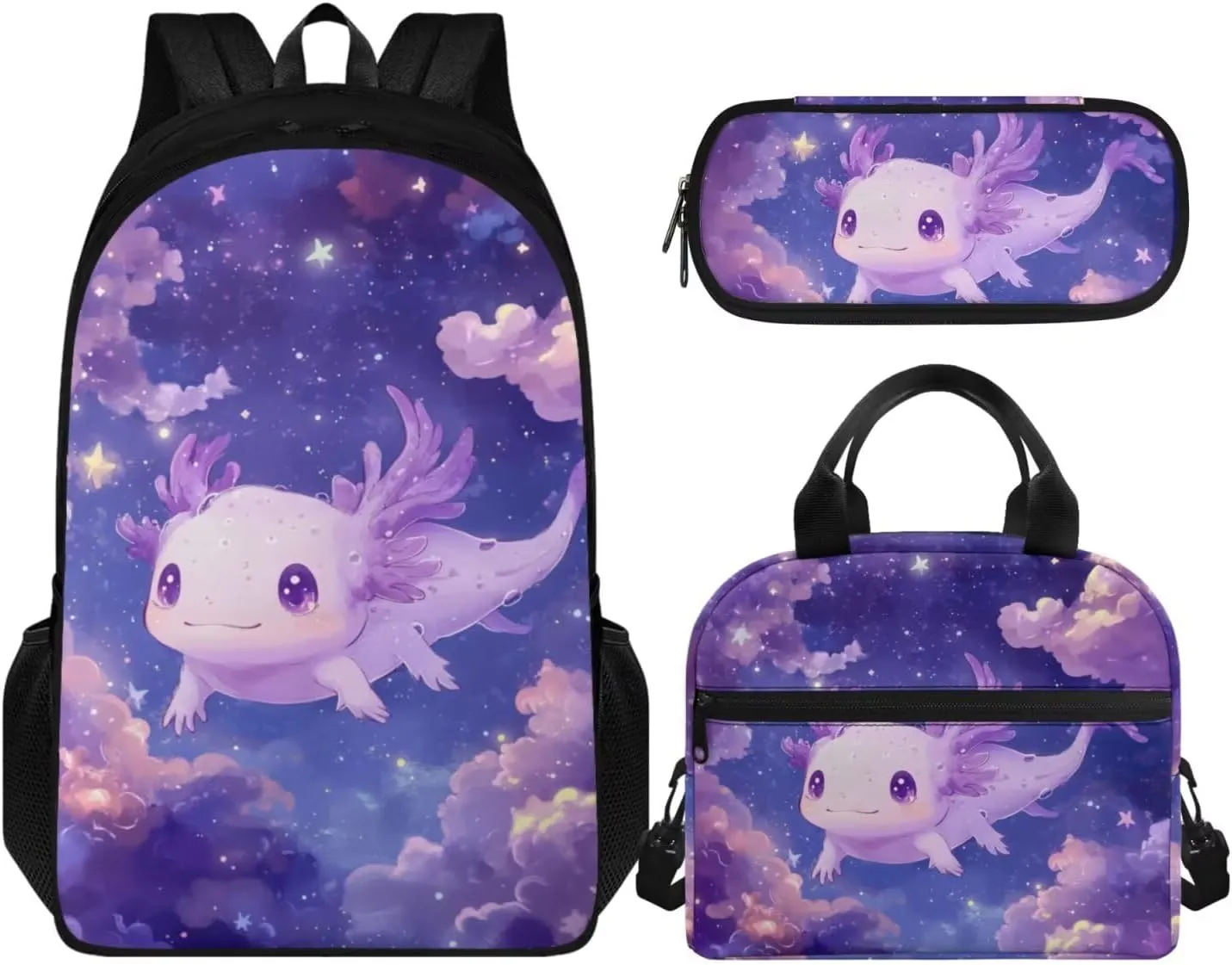 Axolotl Galaxy Backpack 17 Inch Girls Bookbag with Lunch Box 4th Grade School Bag Spacious 3 Piece Set for Elementary Kids Ages 9-10 School Travel