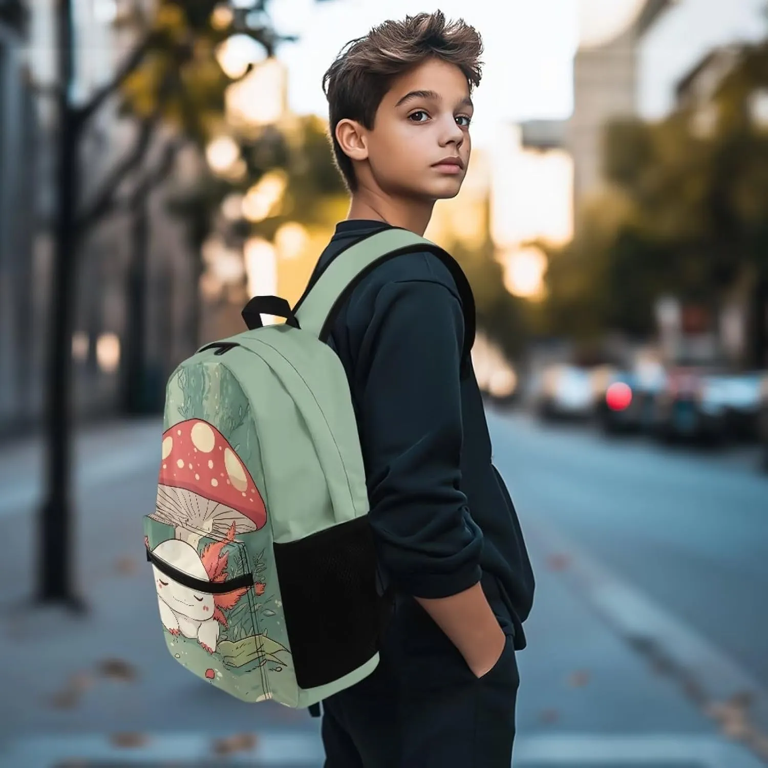 Axolotl Mushroom Backpacks for Girls 8-10 Kids School Bag with Zip School Bag for Boys 5Th Grade Bookbag with Front Pocket for Back to School Presents Back Pack