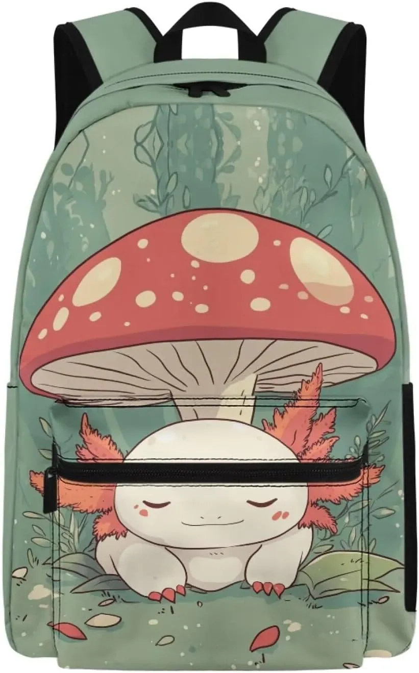 Axolotl Mushroom Backpacks for Girls 8-10 Kids School Bag with Zip School Bag for Boys 5Th Grade Bookbag with Front Pocket for Back to School Presents Back Pack