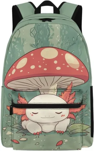 Axolotl Mushroom Backpacks for Girls 8-10 Kids School Bag with Zip School Bag for Boys 5Th Grade Bookbag with Front Pocket for Back to School Presents Back Pack