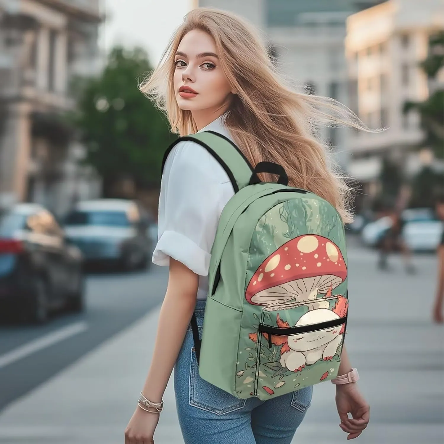 Axolotl Mushroom Backpacks for Girls 8-10 Kids School Bag with Zip School Bag for Boys 5Th Grade Bookbag with Front Pocket for Back to School Presents Back Pack