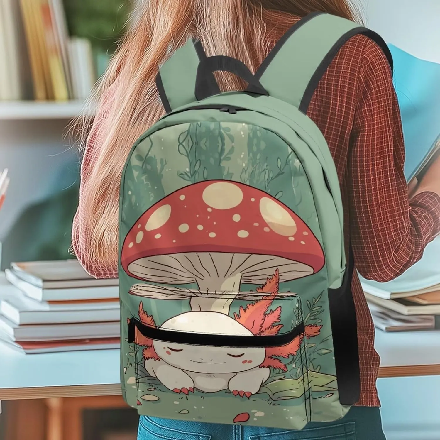 Axolotl Mushroom Backpacks for Girls 8-10 Kids School Bag with Zip School Bag for Boys 5Th Grade Bookbag with Front Pocket for Back to School Presents Back Pack