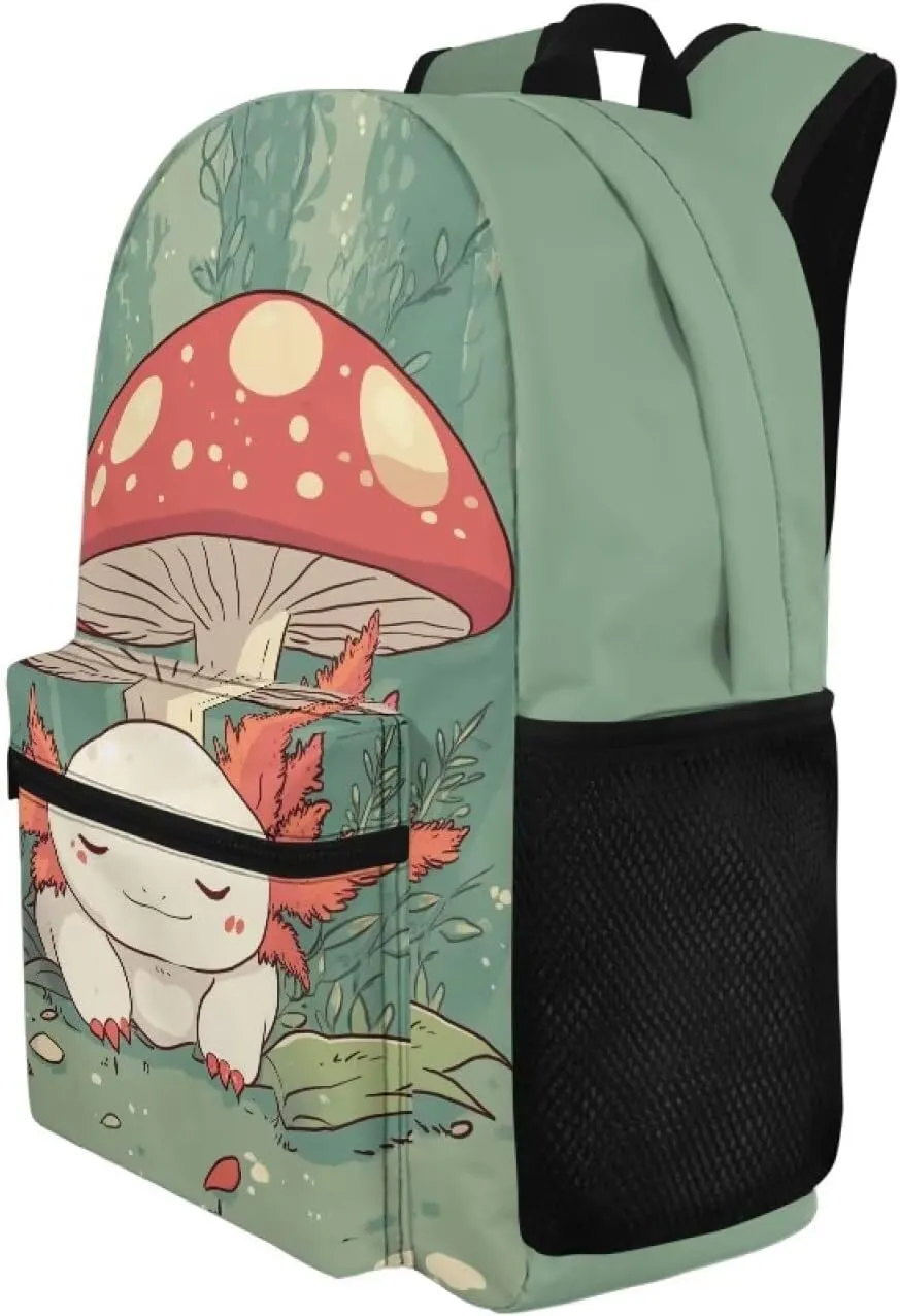 Axolotl Mushroom Backpacks for Girls 8-10 Kids School Bag with Zip School Bag for Boys 5Th Grade Bookbag with Front Pocket for Back to School Presents Back Pack
