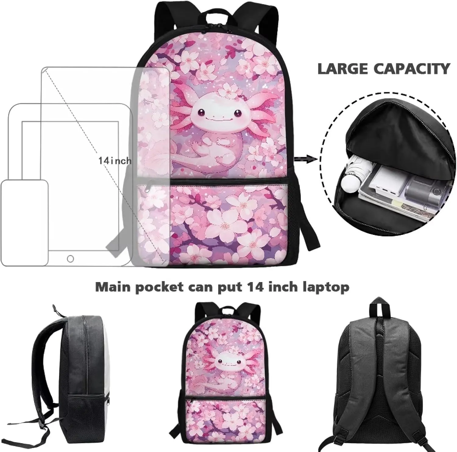 Axolotl School Backpack for Girls Cherry Blossom Backpacks for Women Cute School Bag with Adjustable Shoulder Strap Elementary Book Bag for Travel