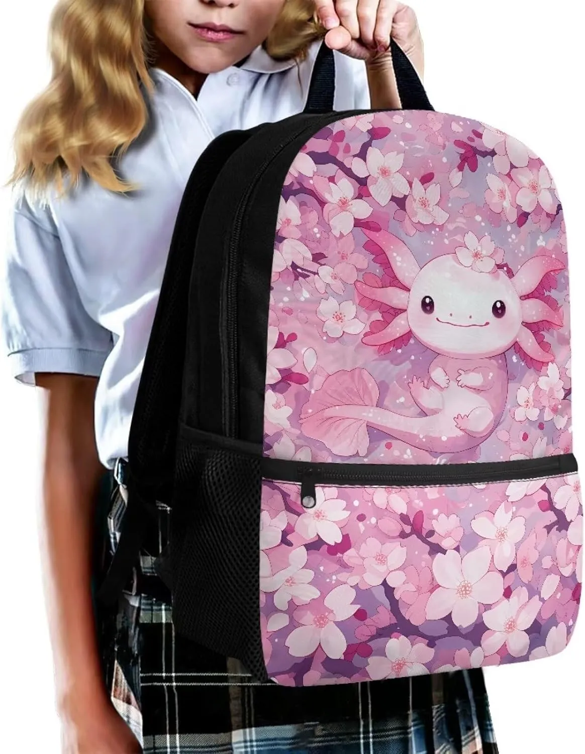 Axolotl School Backpack for Girls Cherry Blossom Backpacks for Women Cute School Bag with Adjustable Shoulder Strap Elementary Book Bag for Travel