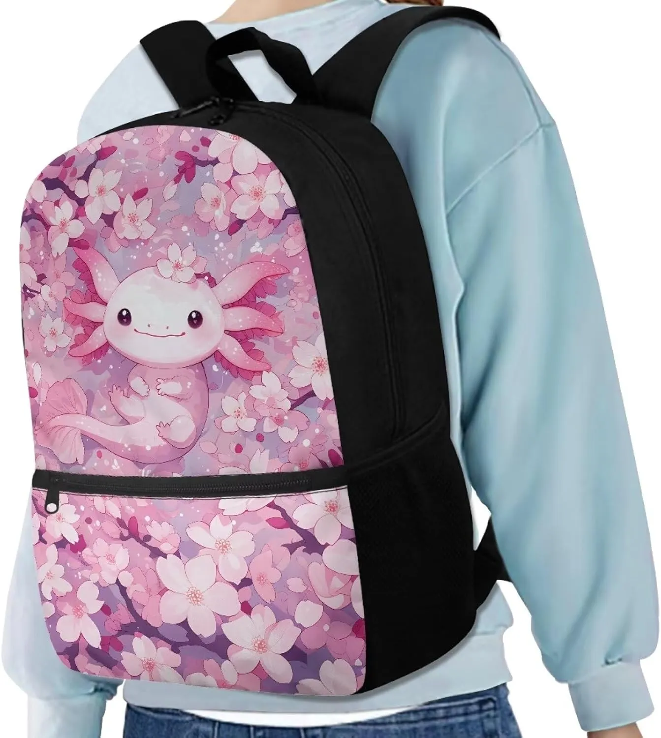 Axolotl School Backpack for Girls Cherry Blossom Backpacks for Women Cute School Bag with Adjustable Shoulder Strap Elementary Book Bag for Travel