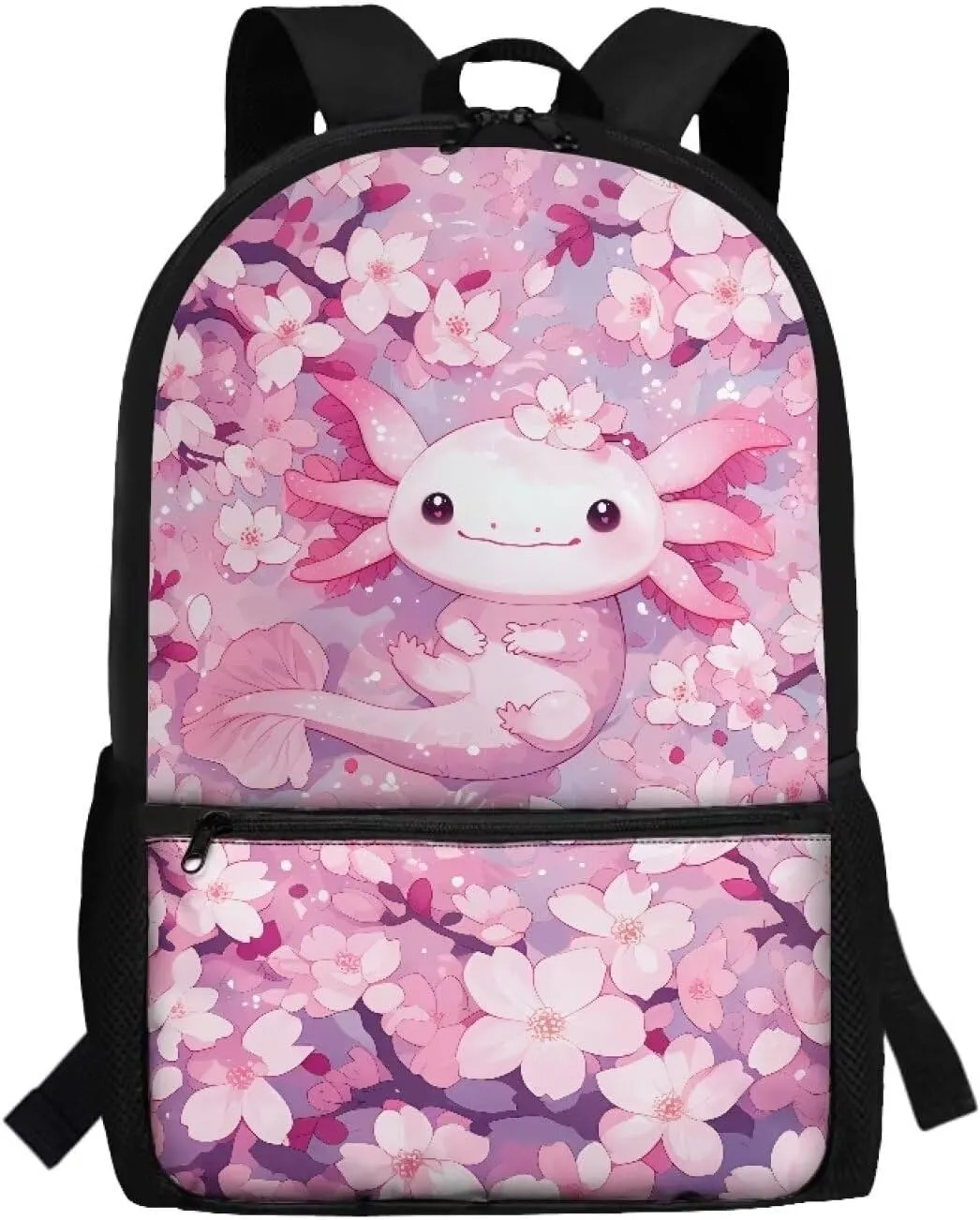 Axolotl School Backpack for Girls Cherry Blossom Backpacks for Women Cute School Bag with Adjustable Shoulder Strap Elementary Book Bag for Travel