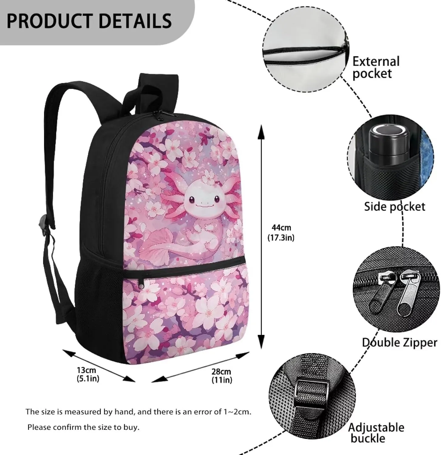 Axolotl School Backpack for Girls Cherry Blossom Backpacks for Women Cute School Bag with Adjustable Shoulder Strap Elementary Book Bag for Travel