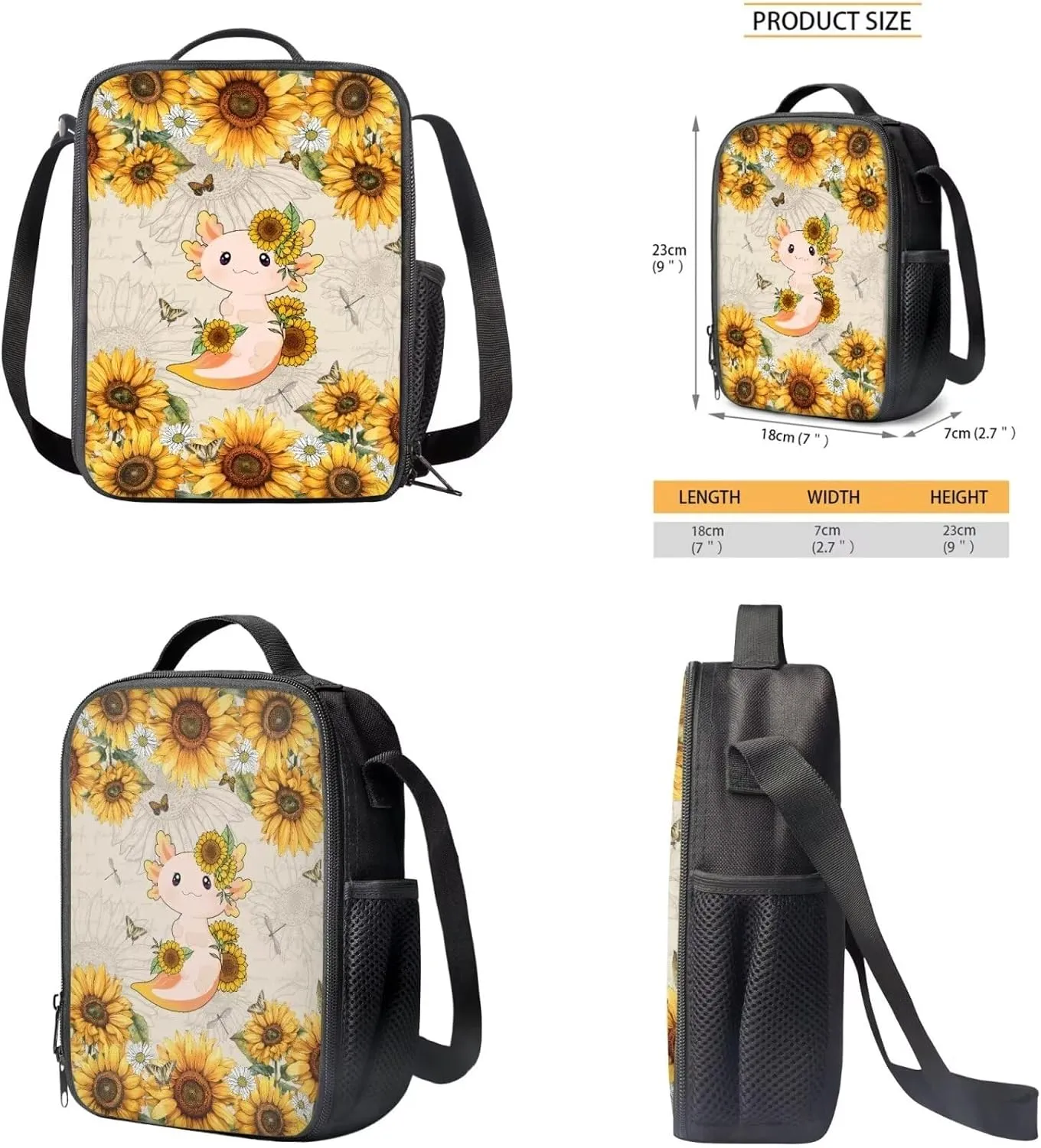 Axolotl Sunflowers Backpack School Bag 3PCS Set for Kids Girls Boys Bookbag with Lunch Bag Pencil Case Elementary Kindergarten Preschool Schoolbag 3 Set 17 Inch Large Capacity