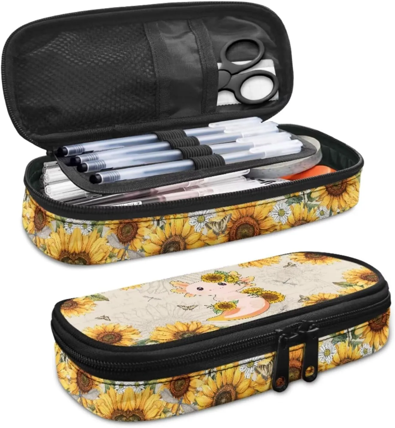 Axolotl Sunflowers Backpack School Bag 3PCS Set for Kids Girls Boys Bookbag with Lunch Bag Pencil Case Elementary Kindergarten Preschool Schoolbag 3 Set 17 Inch Large Capacity