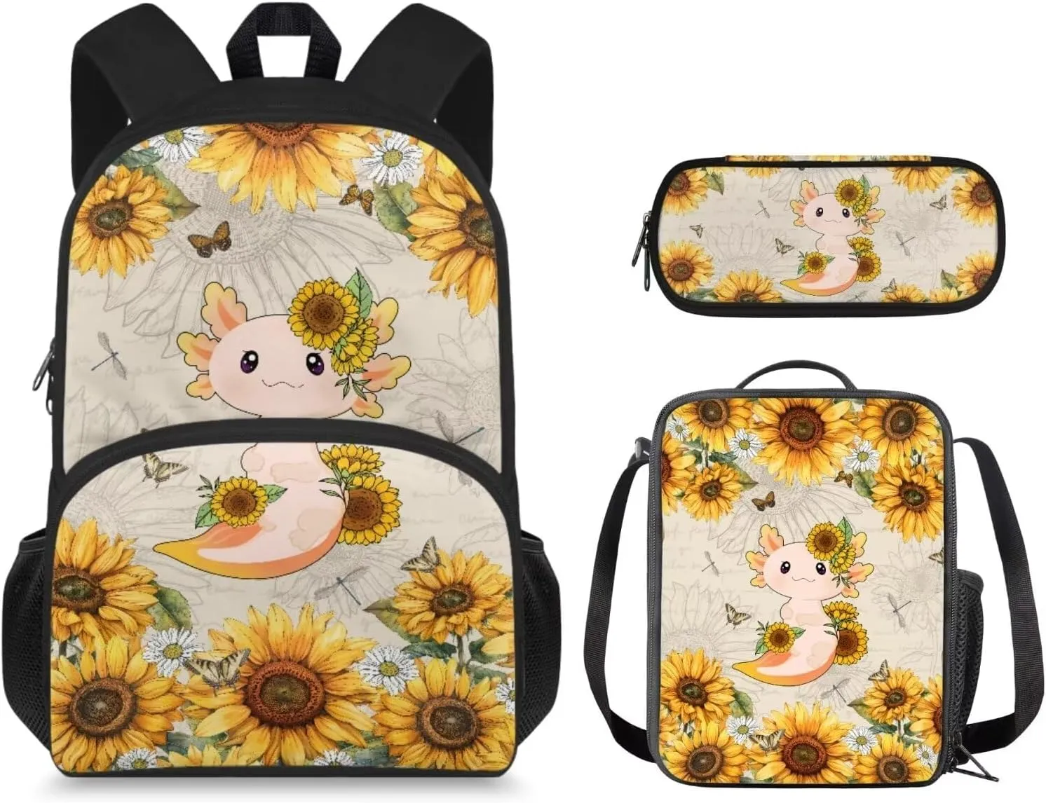 Axolotl Sunflowers Backpack School Bag 3PCS Set for Kids Girls Boys Bookbag with Lunch Bag Pencil Case Elementary Kindergarten Preschool Schoolbag 3 Set 17 Inch Large Capacity