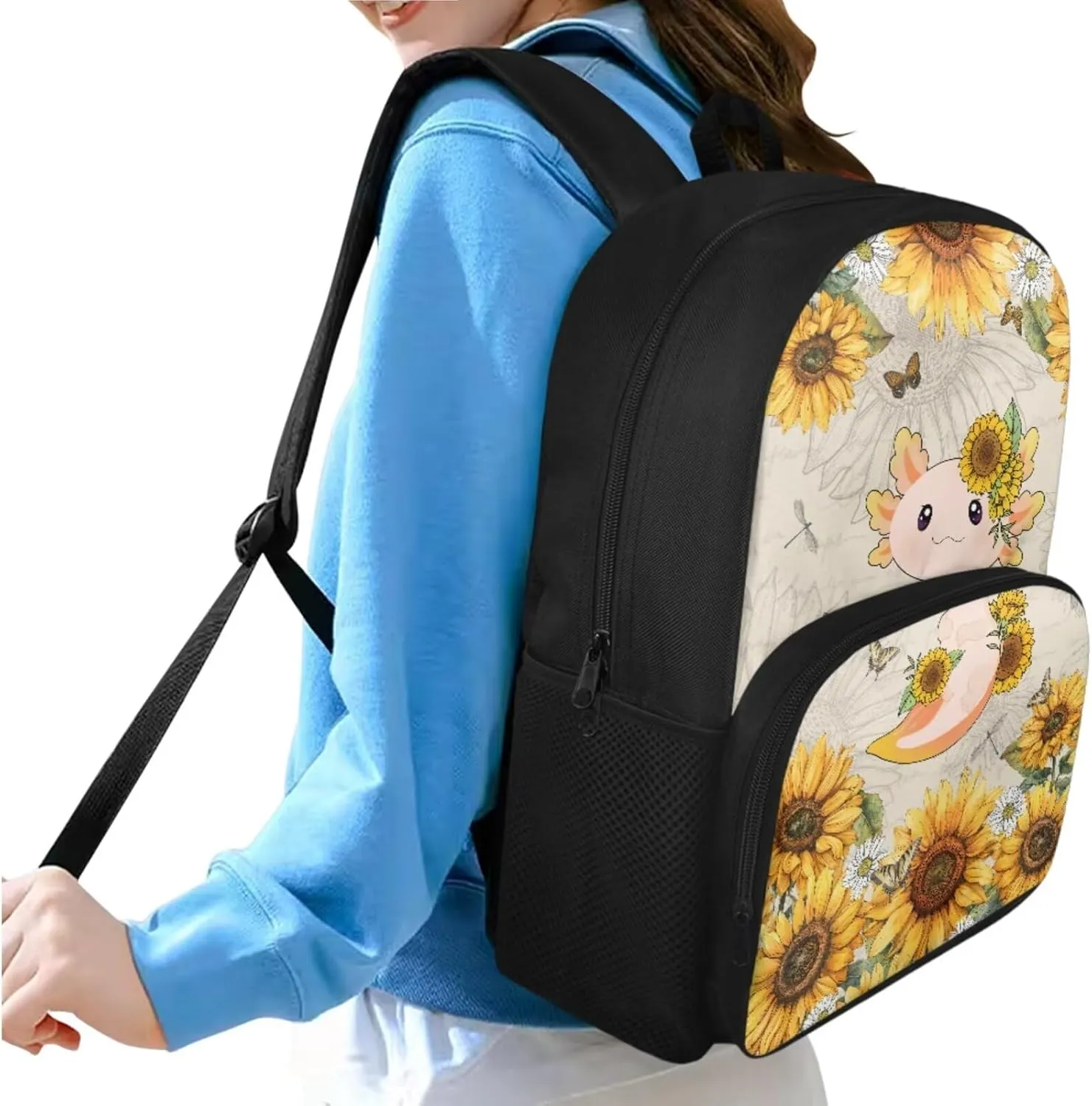 Axolotl Sunflowers Backpack School Bag 3PCS Set for Kids Girls Boys Bookbag with Lunch Bag Pencil Case Elementary Kindergarten Preschool Schoolbag 3 Set 17 Inch Large Capacity