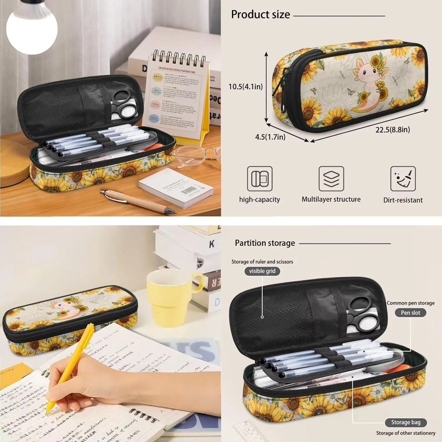 Axolotl Sunflowers Backpack School Bag 3PCS Set for Kids Girls Boys Bookbag with Lunch Bag Pencil Case Elementary Kindergarten Preschool Schoolbag 3 Set 17 Inch Large Capacity