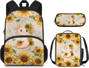 Axolotl Sunflowers Backpack School Bag 3PCS Set for Kids Girls Boys Bookbag with Lunch Bag Pencil Case Elementary Kindergarten Preschool Schoolbag 3 Set 17 Inch Large Capacity