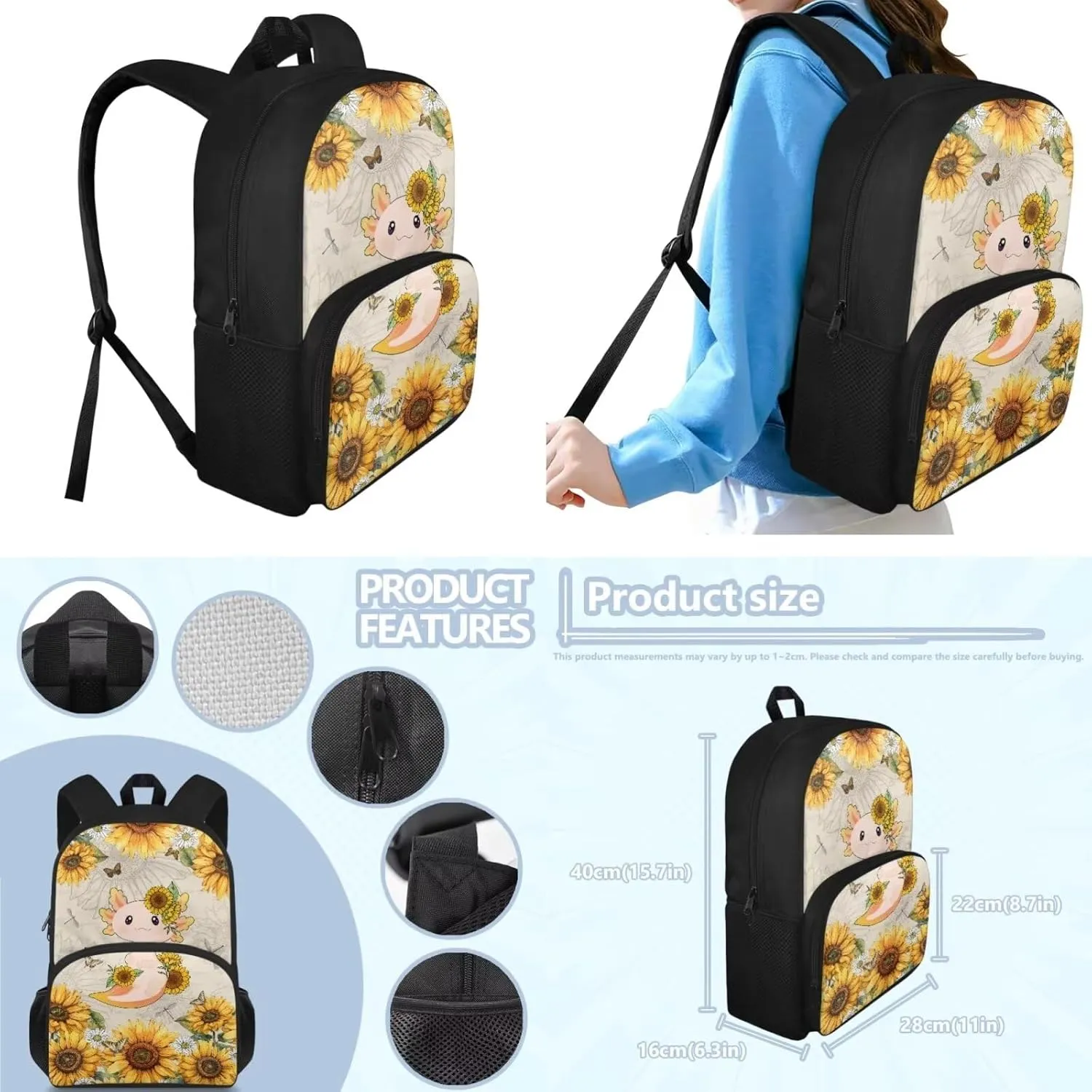 Axolotl Sunflowers Backpack School Bag 3PCS Set for Kids Girls Boys Bookbag with Lunch Bag Pencil Case Elementary Kindergarten Preschool Schoolbag 3 Set 17 Inch Large Capacity